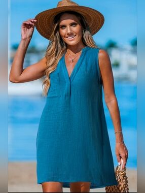 NWT Popvil 100% Cotton Blue Crinkle Notched Neck Cover‑Up
